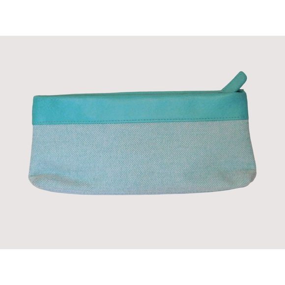 Estee Lauder Cosmetic Brush Bag Two Tone Green Faux Leather Zipper Closure - Picture 3 of 4